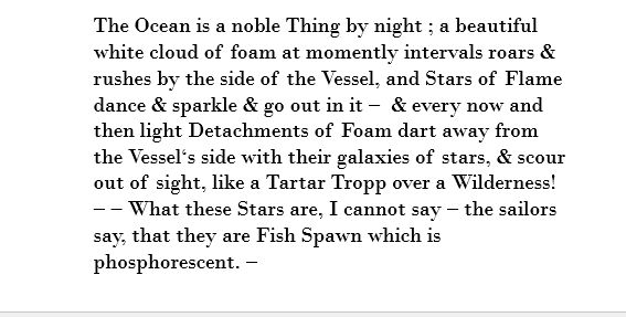  The Ocean is a noble Thing by night ; a beautiful white cloud of foam at momently intervals roars & rushes by the side of the Vessel, and Stars of Flame dance & sparkle & go out in it -  & every now and then light Detachments of Foam dart away from the Vessel‘s side with their galaxies of stars, & scour out of sight, like a Tartar Tropp over a Wilderness! -- What these Stars are, I cannot say - the sailors say, that they are Fish Spawn which is phosphorescent. --

S.T. Coleridge to Mrs. S.T.Coleridge
Collected Letters of Samuel Taylor Coleridge, Vol.1 p.416, Nr.254
Oxford: Clarendon Press, 1956
