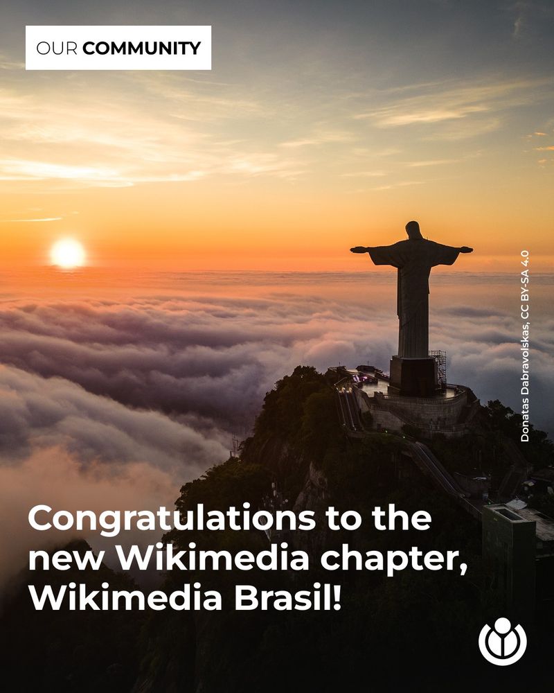 Christ the Redeemer statue over the clouds. Text says: Congratulations to the new Wikimedia chapter, Wikimedia Brasil!