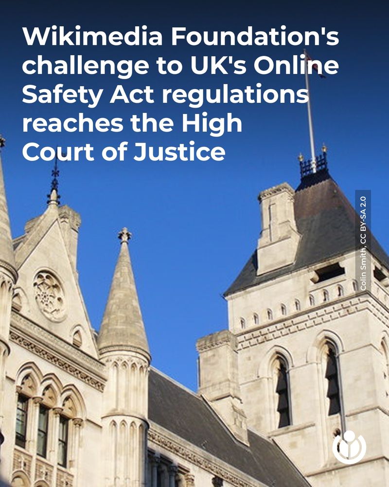 Exterior of the Clock Tower building. Text says: Wikimedia Foundation's challenge to UK's Online Safety Act regulations reaches the High Court of Justice.