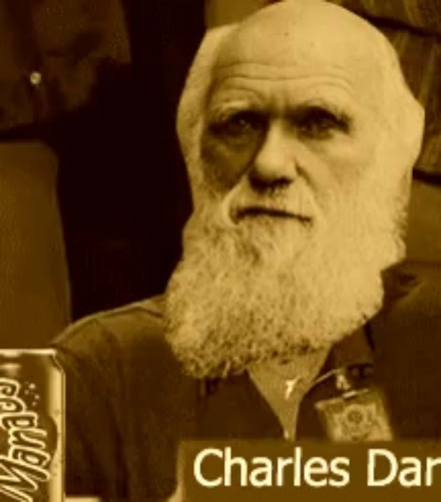 a man with a beard has a name tag that says charles darwin