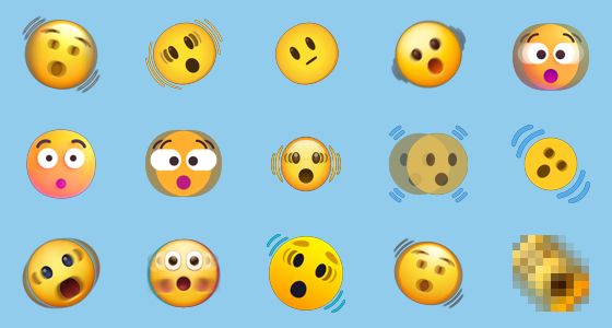 picture of 15 different versions of the shaking face emoji, shaking side to side with wide eyes and an open mouth