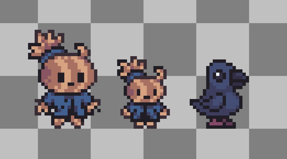Pixel art of a cute beige scarecrow like character and small crow character