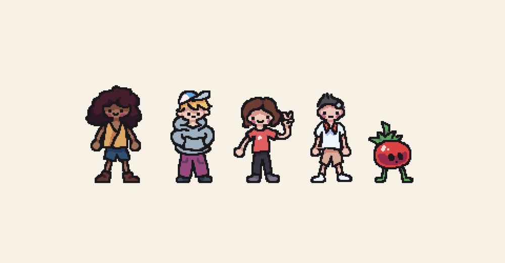 Five small characters stand in a row on a light background. 

From left to right: 
a character with dark skin, dark curly hair, wearing a yellow top and blue shorts;
a blond character in a gray hoodie and wearing cap; 
a character with brown hair in a red shirt making a peace sign; 
a character with short gray hair wearing a white polo and beige shorts;
a round, red, tomato-like creature with small black eyes and green leaf legs