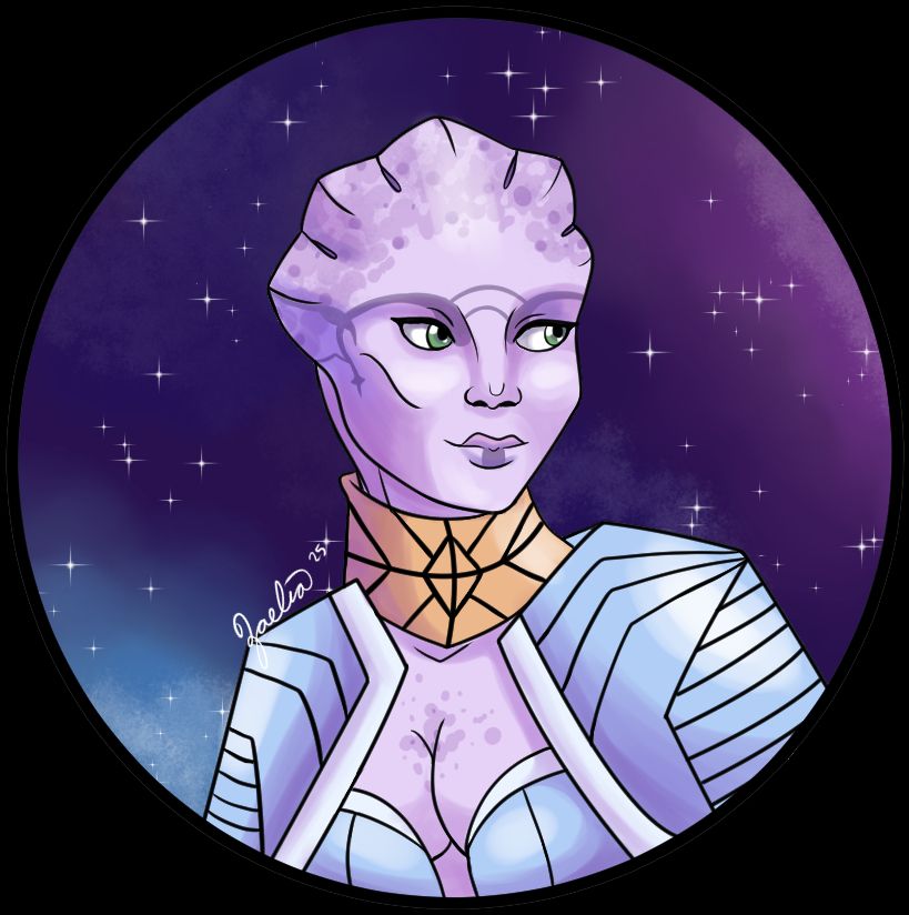 A portrait of a purple skinned asari dressed in light blue and white armor. She has a golden necklace and her head crest and chest are freckled.