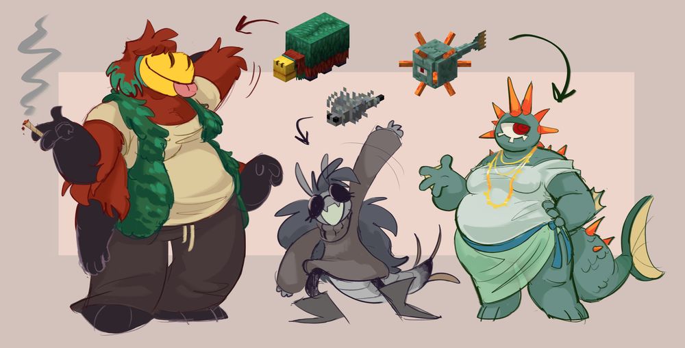 Colored sketch of three anthropomorphic Minecraft mobs - the sniffer, silverfish, and guardian. The sniffer has hair covering her eyes and is wearing casual clothing, and holds a joint in one of her four hands. The silverfish is small and excited, with long messy hair and dark round glasses that resemble bug's eyes. The guardian is short and fat, and wears several gold necklaces and a sheer green skirt. 