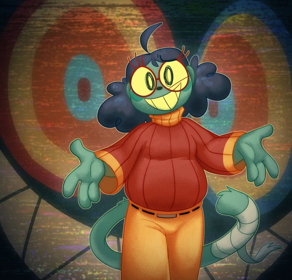 Digital rendered illustration of Hector from Great God Grove. He is looking at the viewer, arms outstretched with a vaguely apologetic grin on his face. Inspekta's face looms in the background behind him, grinning with sharp teeth and multicolored eyes. A VHS distortion filter is overlaid onto the background as well.
