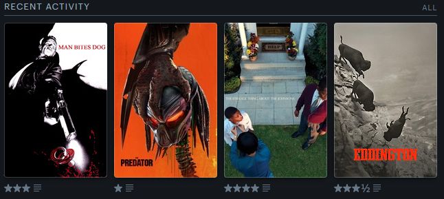 Letterboxd Recent Activity
Man Bites Dog - 3 stars
The Predator (2018) - 1 star
The Strange Thing About the Johnsons - 4 stars
Eddington - 3.5 stars