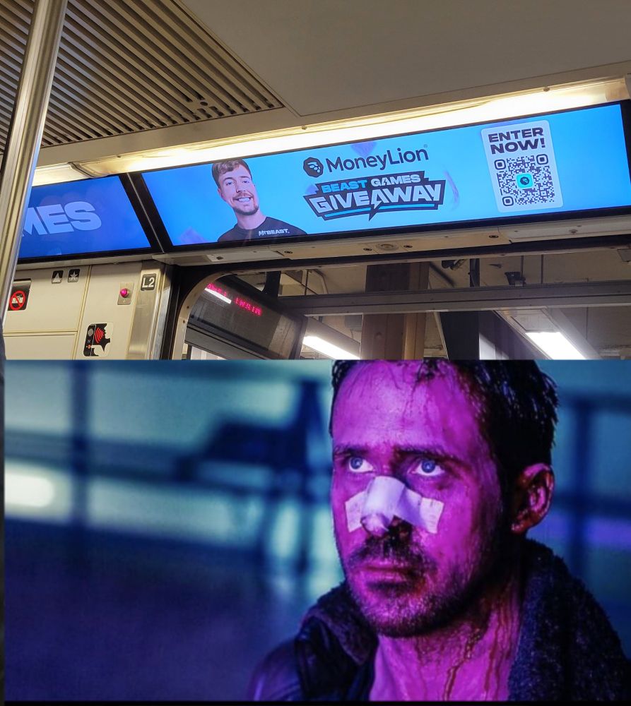 Ryan Gosling being literally me starting at a MTA add for some Mr. Beast gambling crap