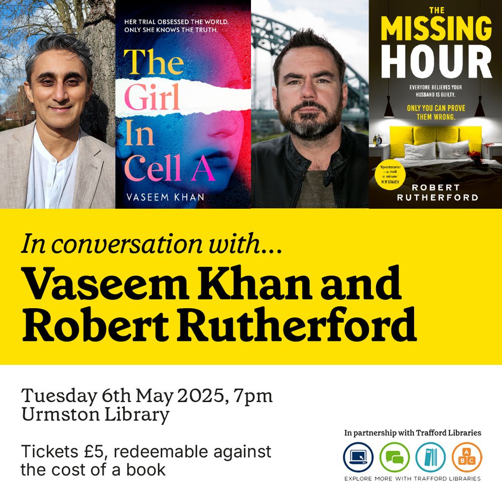 A poster for author event with Vaseem Khan and Robert Rutherford. Tuesday 6th May 2025, 7pm, Urmston Library. Tickets £5