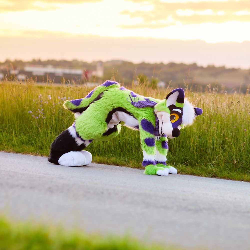 Green fursuiter stretching in front of a meadow in summer.