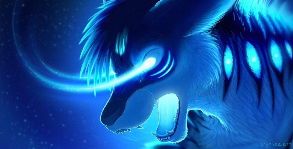 A drawing of a valketh (fictional anthro species). The image is focused on his head and neck as he leans forward from the right of the canvas, crying out in what may be fear, anger, or despair. Trails of magical blue light flow from his eyes, echoing past movements; curving left and up offscreen, they give a sense of him having just whipped around to face the viewer. Tears are partially visible through the light, welling in his eyes and falling from them. Both his eyes and throat shine almost white with the energy building within him, and the stripes beneath his eyes and along his spine similarly glow. Along the side of his neck his stripes appear to split open into cyan, eye-like markings, complete with pinpoint pupils of white light. Upon his forehead appears to be a similar eye but it is obscured by his hair. The image is coloured entirely in shades of blue, ranging from the dark azure, starry background to the bright cyan of his incandescent markings, giving the impression of the magical blue energy saturating absolutely everything with its intensity.