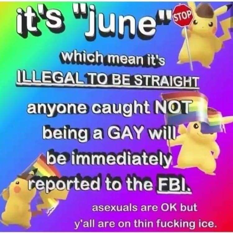 Rainbow gradient meme with Pikachu all holding a stop sign and a pride flag
Test reads: it's "june" which means it's illegal to be straight
anyone caught NOT being GAY will be immediately reported to the FBI.
asexuals are OK but y'all are on thin fucking ice.