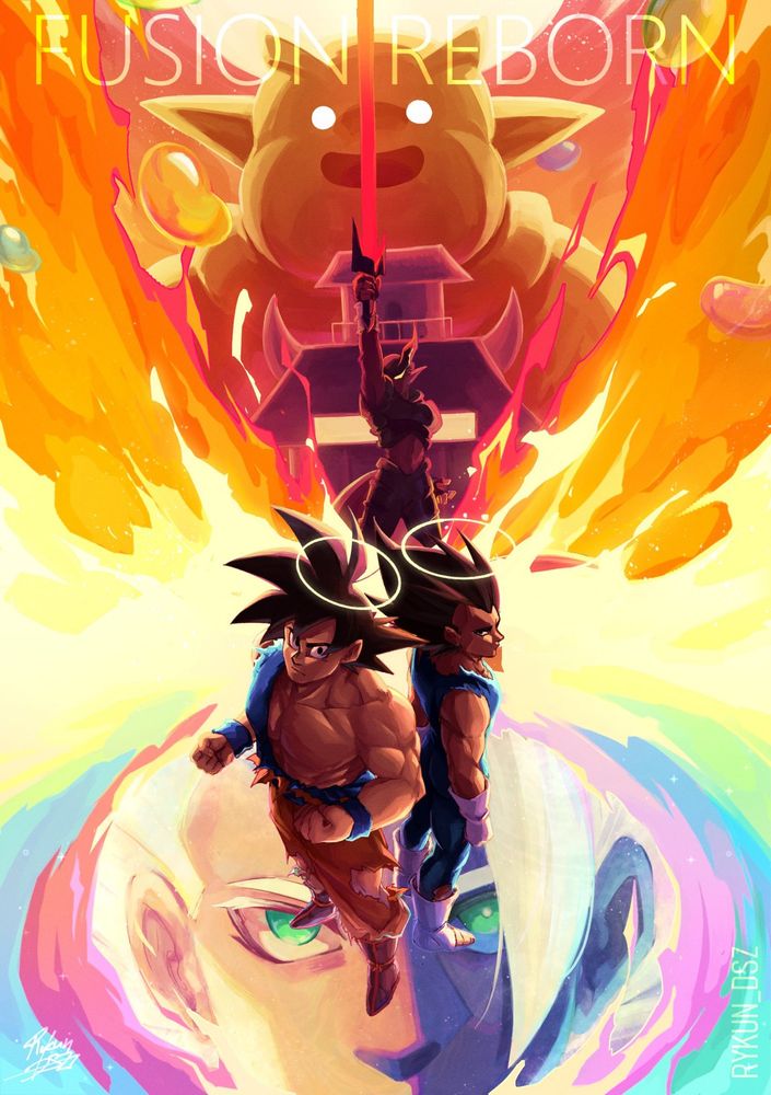 Goku and Vegeta both bearing halos in the foreground, surrounded by rainbow fire with Super Janemba wielding his blade towards the sky. The background includes Janemba and Super Gogeta.