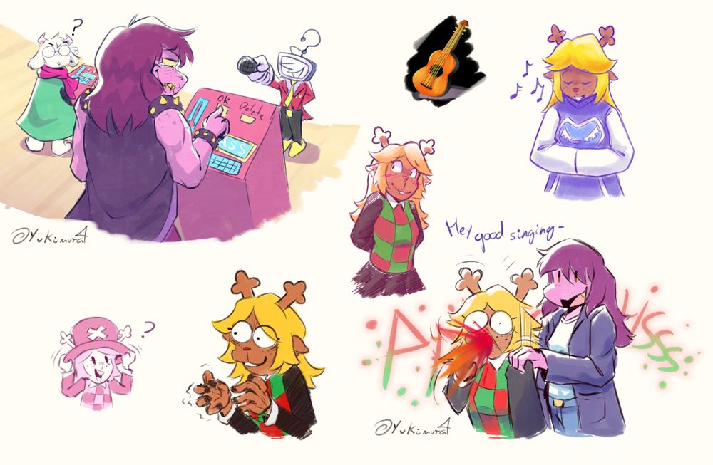 Various Deltarune doodles. On top there's a drawing of Susie holding her laugh while typing "ASS" on Tenna's game board. A bunch of Noelle drawings, one of them from a scene in the game where she spills juice when Susie grabs her shoulder, another one of her singing in the church, next to a sketch of Dess' guitar