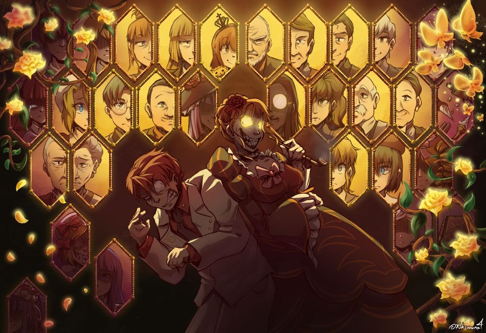 A drawing of the Umineko cast. Battler and Beatrice are in front, her looking down at him with a sadistic smile, while Battler looks angry frustrated.

In the background, there's hexagonal portraits of the other Ushiromiya and the rest of the characters. At top, there's Kinzo, Maria, Krauss, Rudolf, Eva, Rosa and Kyrie. 
In the middle, there's Shannon, George, Hideyoshi, Virgilia, Ronove, Natsuhi, Nanjo, Gohda, Genji, Kumasawa, Jessica and Kanon. 
At the very bottom, there's portraits of Lambdadelta, Bernkastel and Erika. Drawings of golden butterflies and roses cover the portraits of Willard, Lion, Ange, Gaap, Dlanor and Featherine.