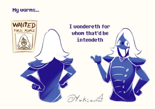 A drawing of Rouxls Kaard reading a poster with his face saying "WANTED: Public Menace". He then turns to face the viewer and says "I wondereth for whom that'd be intendeth"