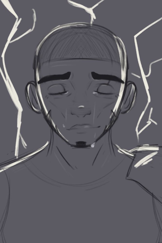 Eurylochus closing his eyes with a face of acceptance - lightning in the background