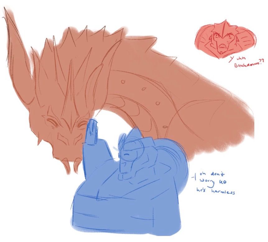 Breakdown petting Predaking with knockout in the corner looking mortified 
Bd: oh don’t worry KO he’s harmless
KO:uhh Breakdown? 