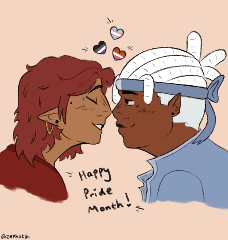 Humanformers knockout and breakdown with little love hearts above their heads depicting pride flags: lesbian, asexual and trans to show my headcannons 