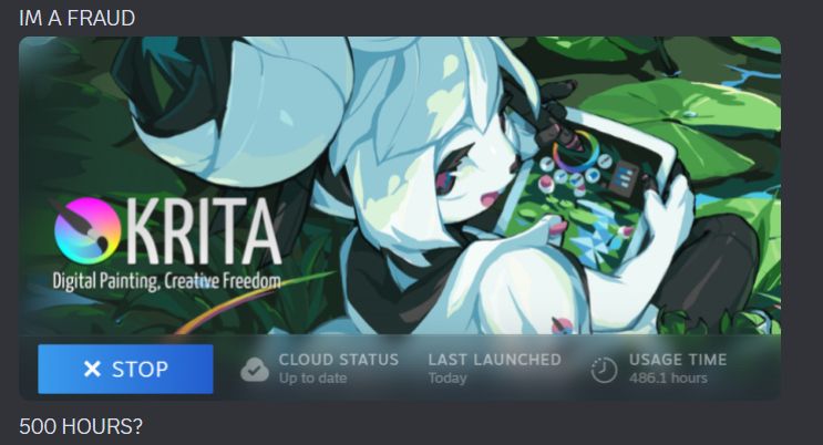 Steam hours showcasing almost 500 hours spent using the app "Krita"