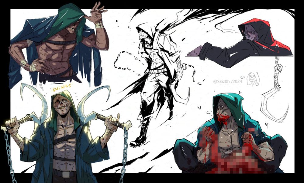 Lazarus, fallout ghoul, posing, eating mystery meat.holding his sickle weapon 