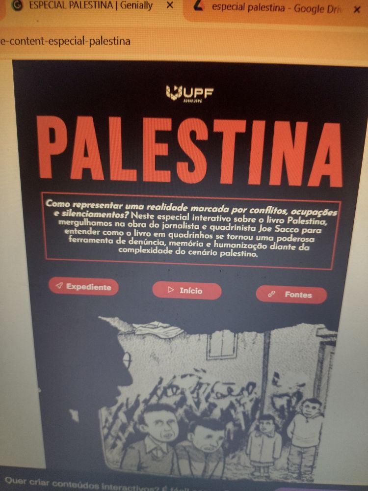 foto da tela de um computador onde aparece a imagem de capa de um especial multimídia sobre o livro Palestina do Joe Sacco. Embaixo do nome Palestina lê-se "Como representar uma realidade marcada por conflitos, ocupações e silenciamentos? Neste especial interativo sobre o livro Palestina, mergulhamos na obra do jornalista e quadrinista Joe Sacco para entender como o livro em quadrinhos se tornou uma poderosa ferramenta de denúncia, memória e humanização diante da complexidade do cenário palestino."