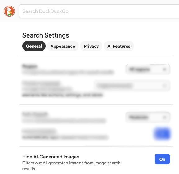 Screenshot showing the DuckDuckGo search engine settings highlighting 'Hide AI Generated images'.