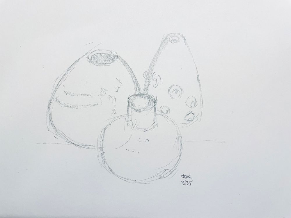 Drawing of three pots of different shapes drawn in pencil. By James Kightly. 