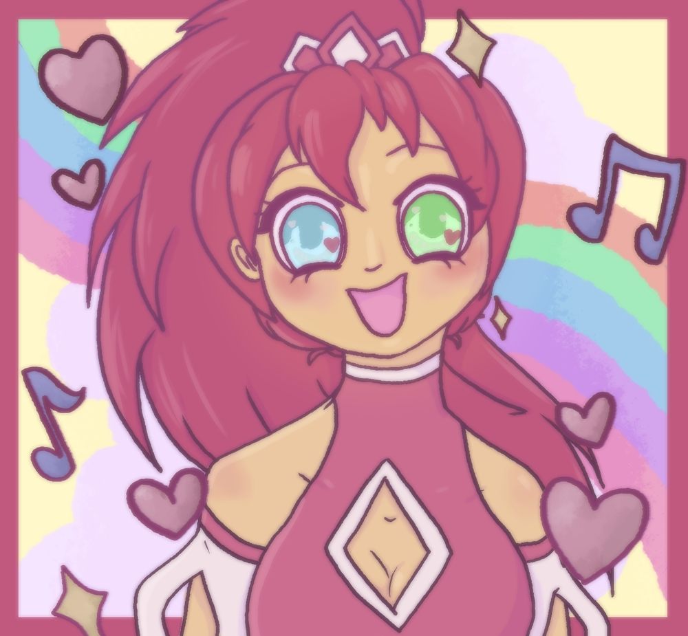 A tan charater with long red hair in a ponytail, a sleveless shirt with a diamond shaoed clevage cutout with a red and white colouting. A yellow background with a rainbow through it and heartsband music notes randomly placed around the charater