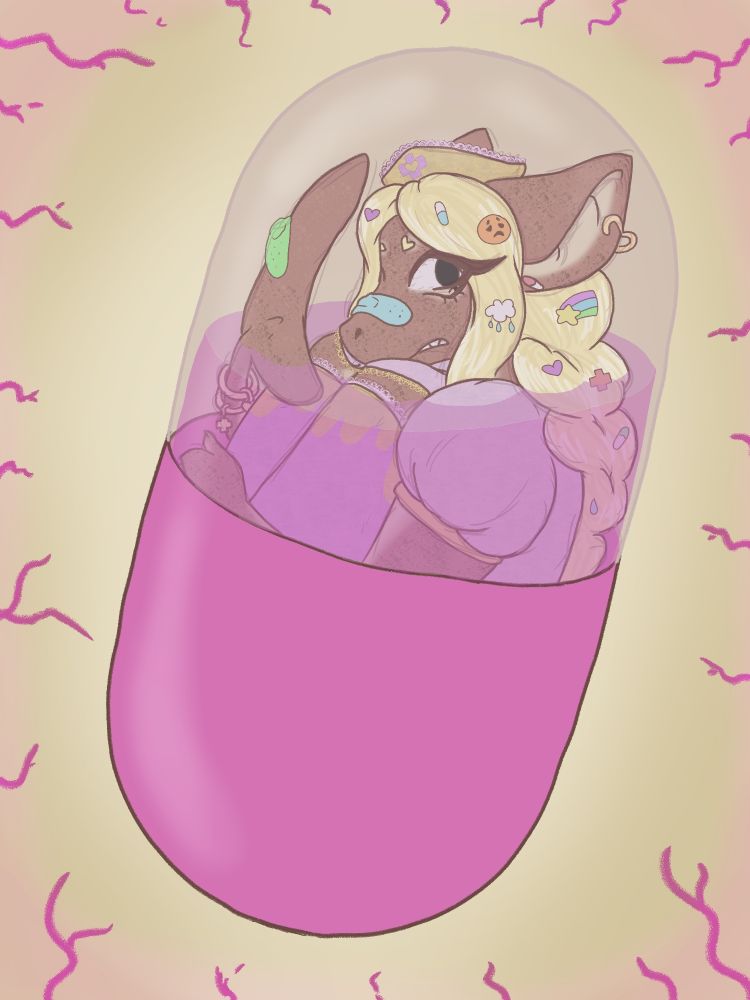 A nurse shark furry encased in a pill and in liquid, there is red eye veins reachint towards her as she looks anxious