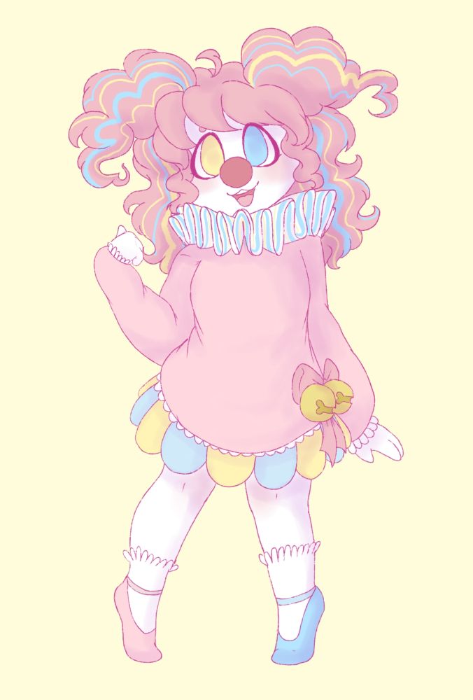 A small pale clown girl with a large rwd nose, yellow blue heterochromia, pink piffy hair with blue and yelloslw streaks, a big frilly collar and pink and blue balet shoes