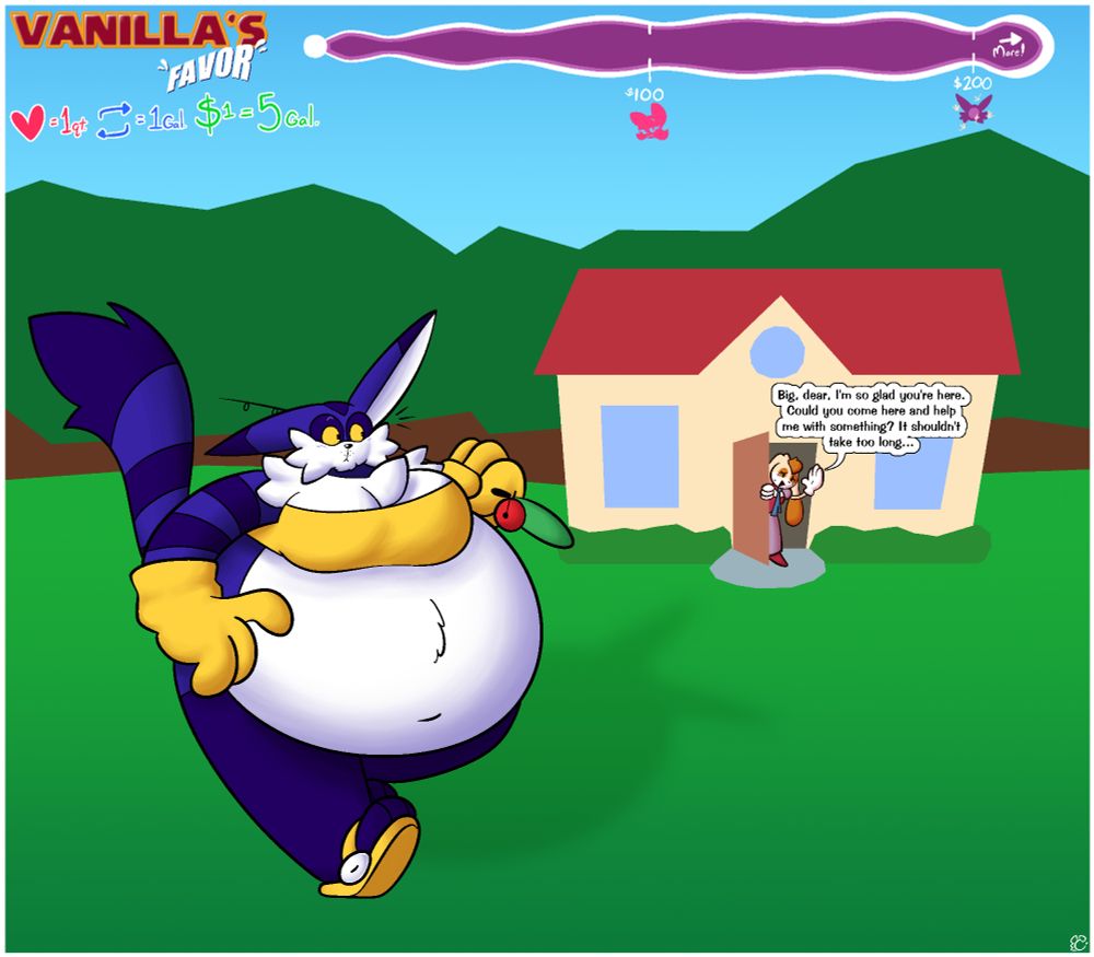 Big the Cat, slightly redesigned to have BIG FAT TITS walking to a fishing spot with his fishing rod slung over his shoulder, ad Vanilla peaks out of her house, asking him to help her with a small favor.

Text
Big, dear, I'm so glad you're here. Could you come here and help me with something? It shouldn't take too long...