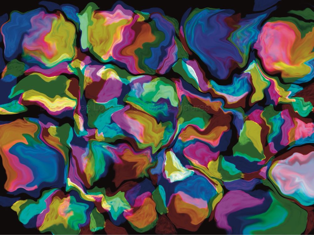 "Fractured Peaces" abstract digital image. Vibrant shades of Blue, pink, yellow, Green, and orange are on a black background. Burgundy and olive are also featured throughout. From a distance, the composition is reminiscent of stained Glass. Viewed more closely, the flower petals are jumbled and imbalanced. The colors are not distributed in an orderly fashion. Where there is chaos, there can also be beauty where there is beauty, chaos is almost certain.