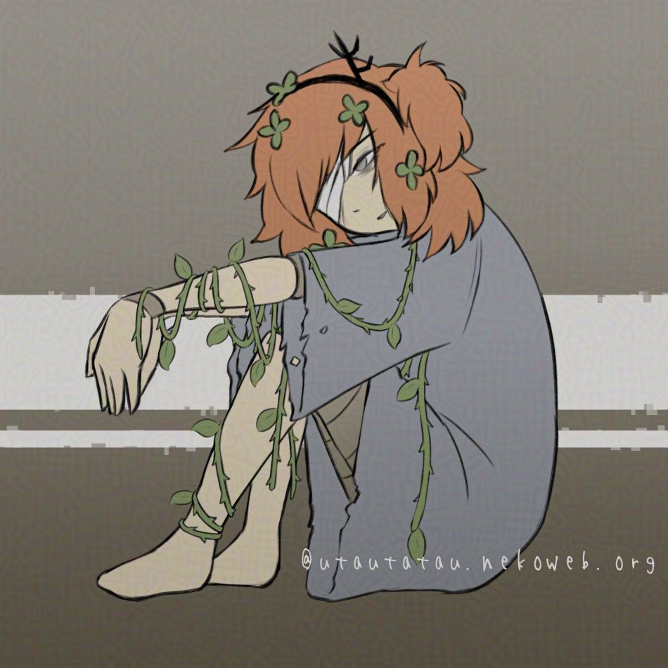 a sickly-looking orange haired robot girl covered in vines sitting on the floor. one of her eyes is covered with bandages.