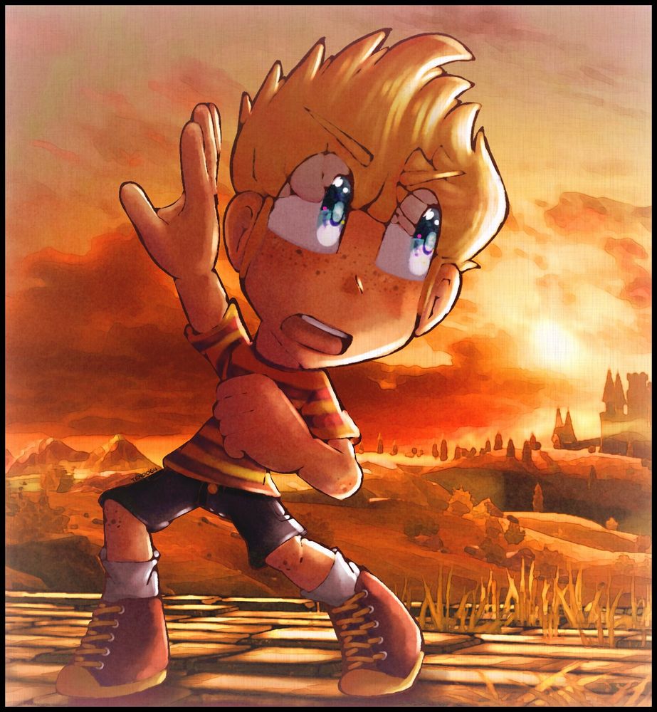 a redraw painting of the official screenshot of lucas in super smash bros brawl on the eldin bridge. he is in a defensive pose, ready to fight an unseen enemy. the background is a screenshot taken from smash ultimate, with the bridge itself slightly edited to be more cartoony and match the style of the artwork
