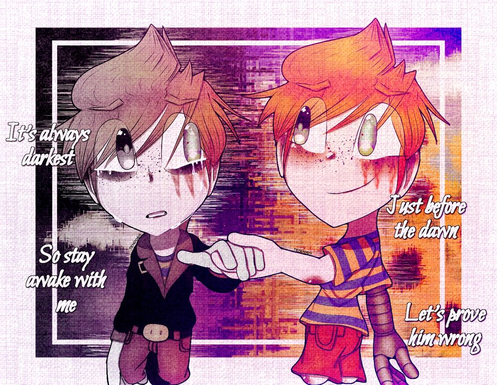 artwork of claus from mother 3 at age 13 and age 14 in a postgame au. his younger self is in his commander outfit, taking the hand of his self from a year later looking at him with a glimmer of hope in tear-filled eyes, where the other claus smiles reassuringly. on the sides are the lyrics "it's always darkest just before the dawn, so stay awake with me, let's prove him wrong" from the song "make it stop (september's children)" by rise against, referring to the idea that claus should prove porky's ideas of him being nothing but a lifeless robot wrong and reclaim his second chance of life instead of throwing it away. he has much to live for, even if things seem bleak.