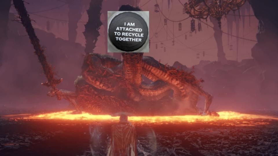 Elden Ring's Rykard with a Dr Pepper bottle cap over his face. It reads "I am attached to recycle together"