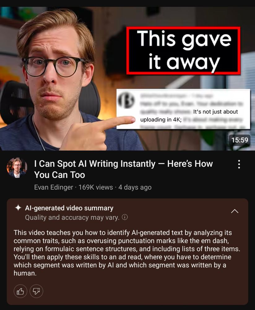 A screenshot of a YouTube video by Evan Edinger, titled 'I can spot A.I. writing instantly - here's how you can too'.
The screenshot also shows an A.I. summary of the video, listing how to identify A.I. generated text.