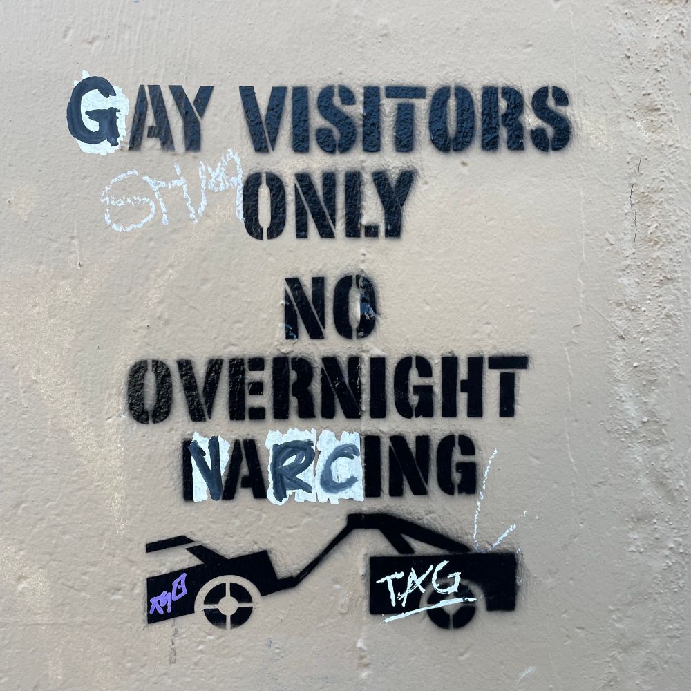 Stenciled notice painted on a wall with some letters obviously altered to change the message to: “Gay visitors only, no overnight narcing” (original: “Day visitors only, no overnight parking”)