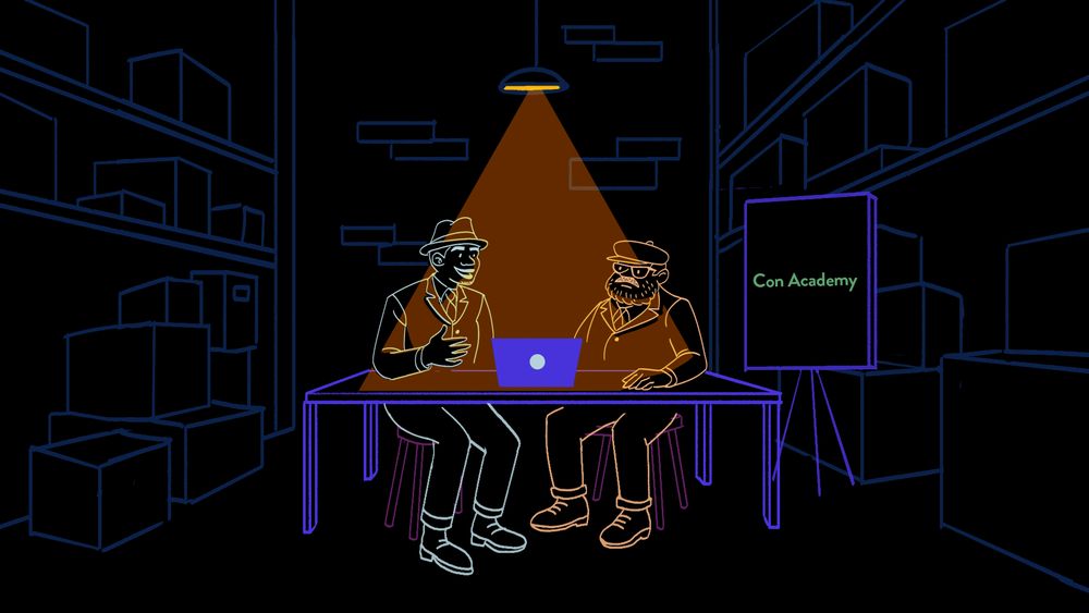 Two criminals in suits under a ceiling lamp in a darkened warehouse. Between them sits a laptop. Beside them is an easel with a placard reading "CON ACADEMY"