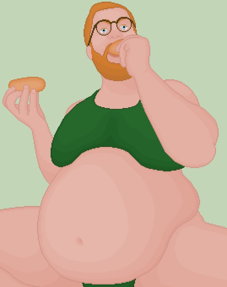 A pixel art portrait of tummiegain who is eating donuts. The portrait shows what tummiegain would look like with a lot of extra weight on him.