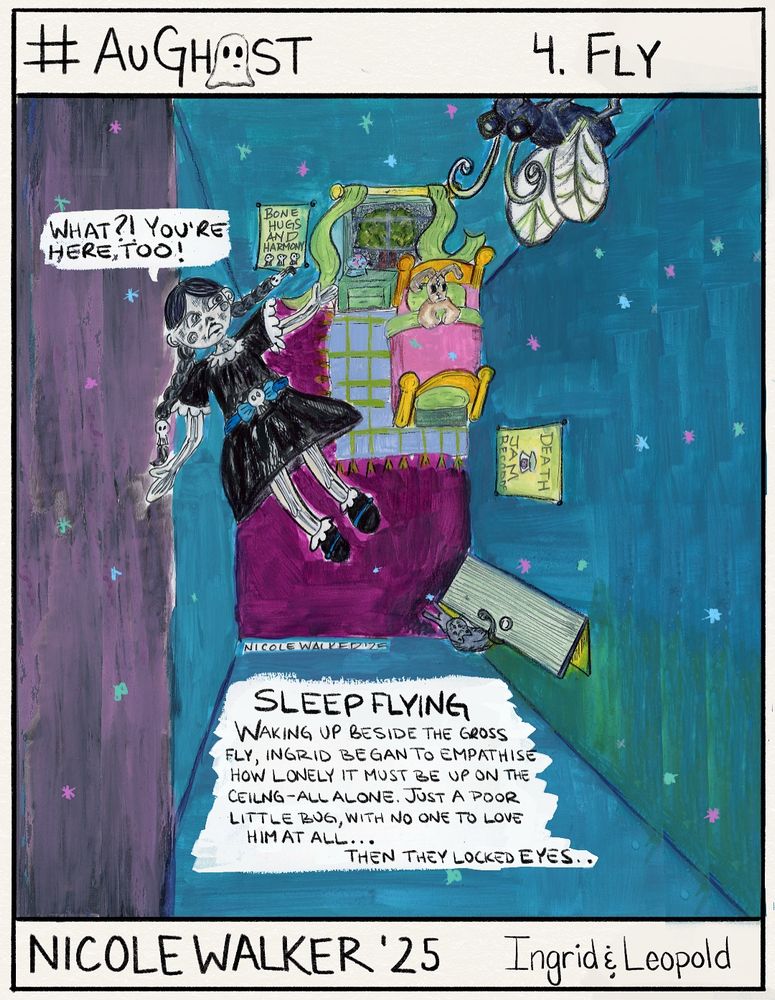 Traditional ink and Gouache comic panel of Ingrid and Leopold a comic done for August and OC’s of Nicole Walker