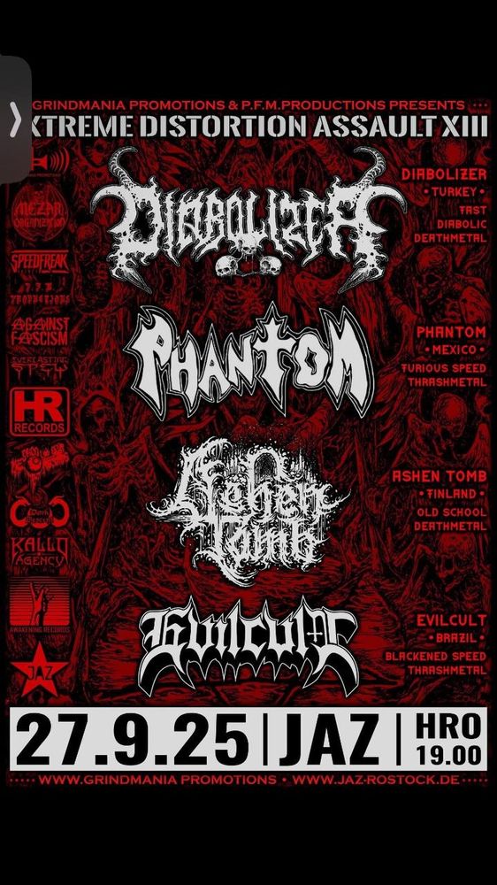 Poster for a metal concert. 4 band, Evilcult Ashen Tomb, Phantom and Diabolizer.
