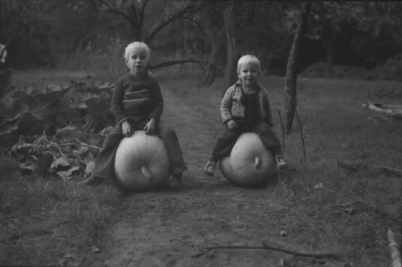 My brother and I, riding the wild pumpkin. Two boys of preschool age, atop two pumpkins, side by side, their feet not touching the ground. You see the stems of the pumpkins. The picture is black and white.