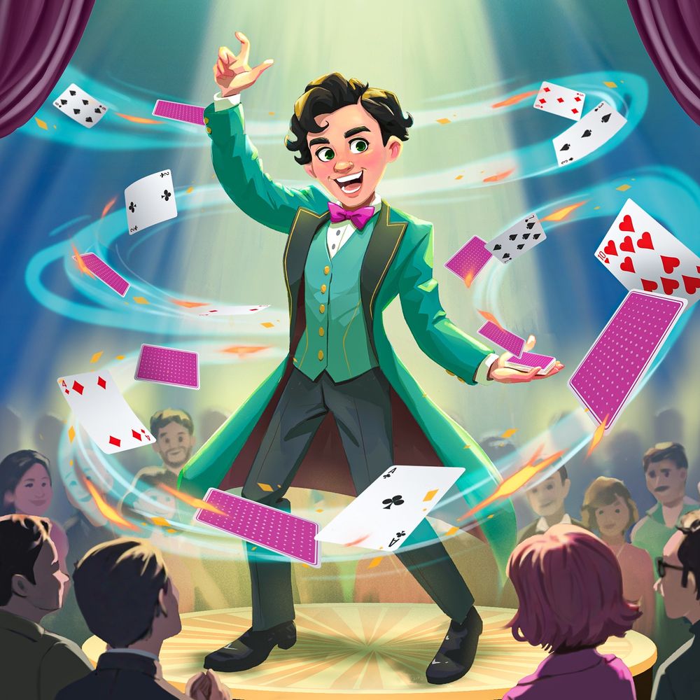 A young magician performing for a crowd of people, playing cards flying out of his hand and spinning around.