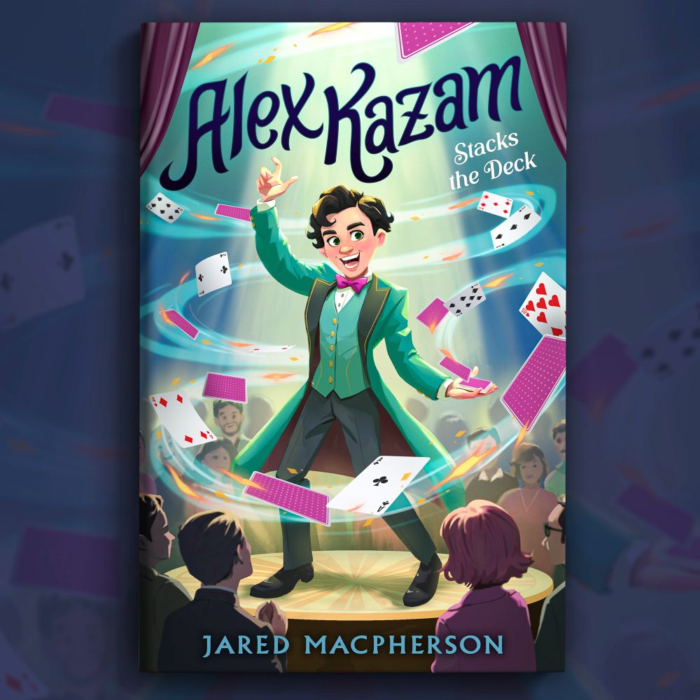 Mock book cover for a middle grade novel. A young magician performing for a crowd of people, playing cards flying out of his hand and spinning around.