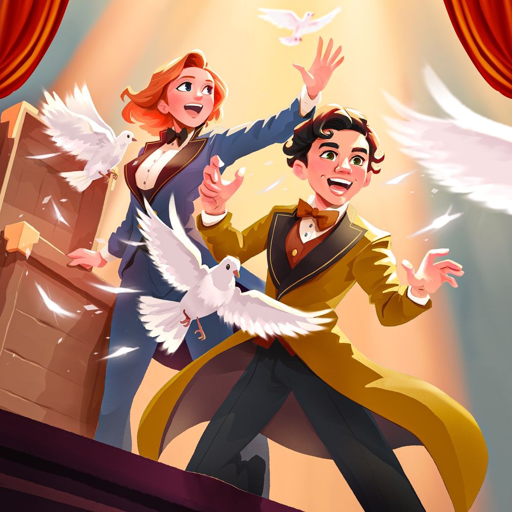 Two young magicians on stage releasing a crate of doves
