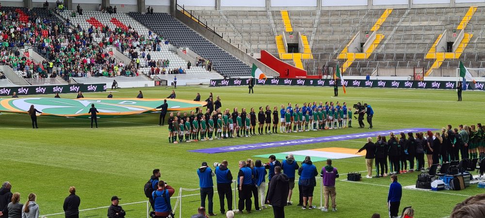 Ireland and Slovenia players lined up for the national anthems at Páirc Uí Chaoimh, Cork.