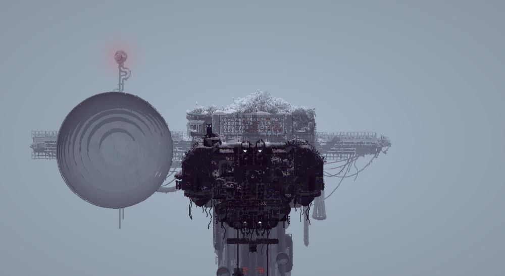 A level-edited room I made in Rain World. It is a scene of a cold, solitary transmission tower. It has a large platform in the middle with small piles of snow dotted around, and an equally large radio dish to the left with a blinking red light above it. The radio dish that should be on the right seems to have broken off the warped support beam it was fixed to.