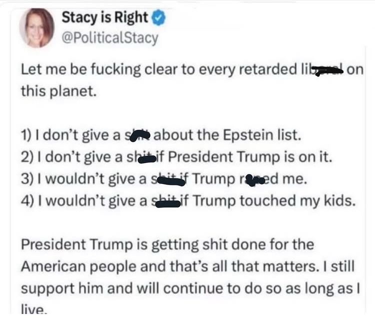 A screenshot of a post saying she doesn’t care about the Epstein files